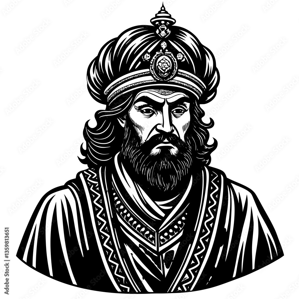 Fototapeta premium King in Crown: Majestic portrait of a king with a crown and long hair, depicted in a regal style.