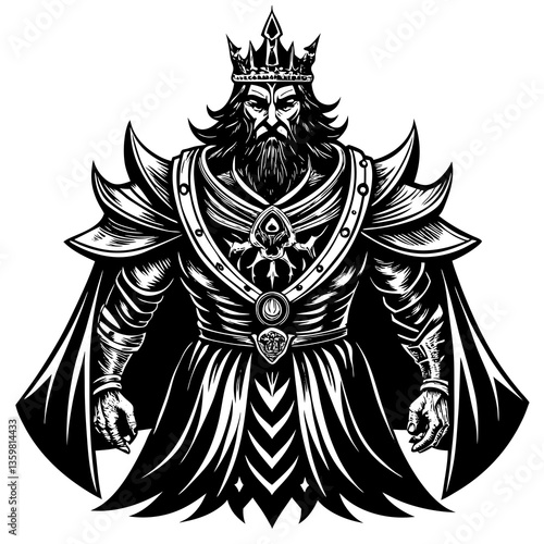 Majestic Monarch: A regal king, adorned with a crown and commanding presence, embodying authority and power in a finely detailed monochrome illustration.