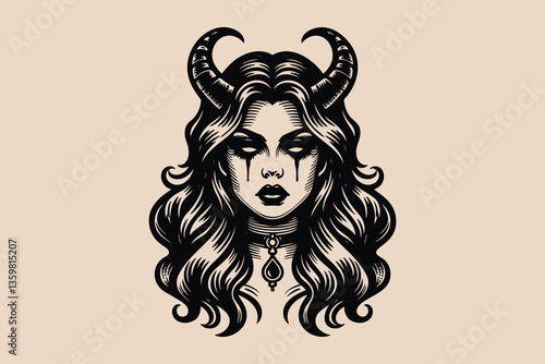Gothic demon woman with horns, dark makeup, and mystical choker