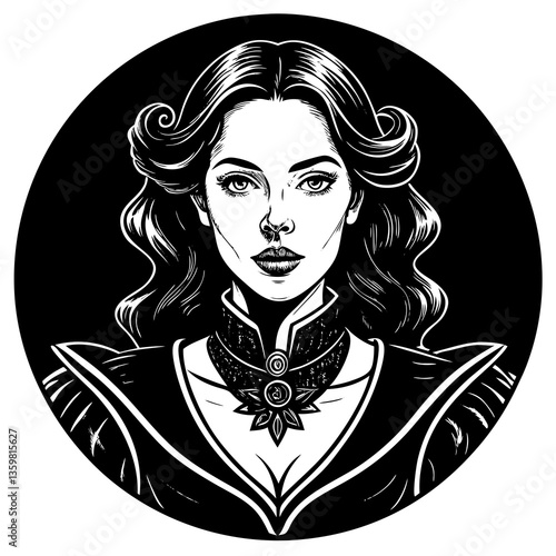 Mysterious Woman: A portrait of a woman with curly hair in a black and white style, elegant and mysterious.