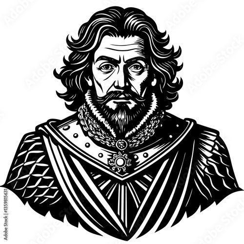 Majestic Regal Portrait: A black and white portrait of a dignified king, exuding authority, power, and regal splendor, symbolizing leadership, tradition, and historical significance.