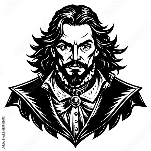 Regal Portrait of Gentleman: A meticulously crafted monochrome illustration showcases a distinguished gentleman, his gaze intense, adorned with elaborate clothing.