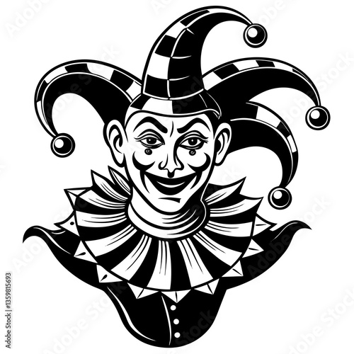 Joker in Monochrome: A classic monochrome depiction of a joker's mischievous grin, adorned in traditional garb and a playful expression, conjuring the essence of jesters and folly.