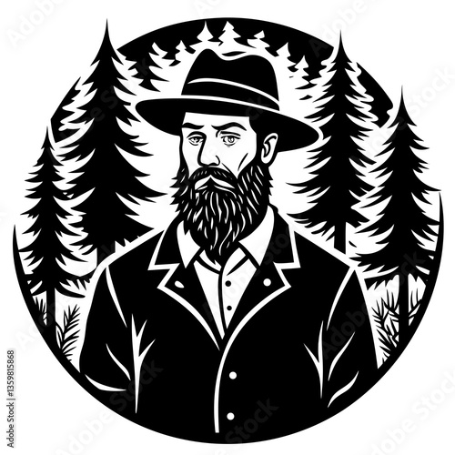 The Distinguished Woodsman: A striking, stylized portrait of a bearded woodsman in a hat, set against a backdrop of towering trees, evokes strength, wisdom, and connection to nature. 