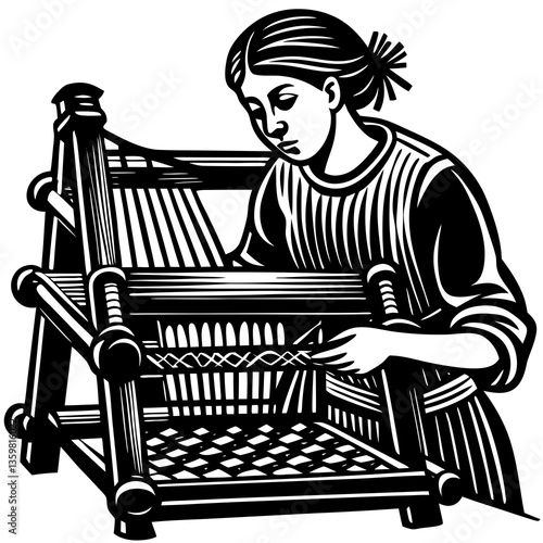 The Weaver's Craft: A skilled artisan, immersed in the meticulous process of weaving, concentrates on the intricate patterns, showcasing traditional craftsmanship.