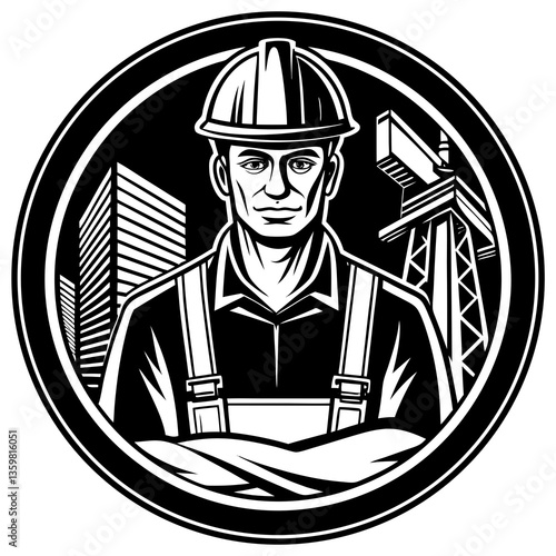 Construction Worker Emblem: A stylized emblem featuring a confident construction worker in a hard hat, set against a backdrop of buildings and a crane, embodies the essence of construction.