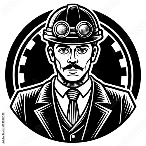 Engineer Portrait: A dignified engineer, adorned in a distinguished suit, secure with a helmet and safety glasses, represents a portrait of professionalism in the industry.