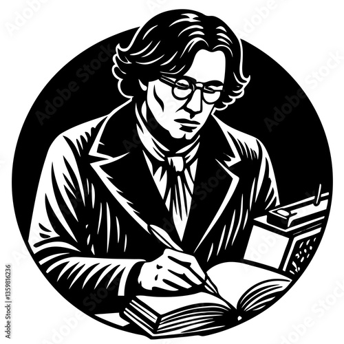 Author at Work: A distinguished author, captured in striking black and white, immerses himself in writing, meticulously crafting each word with pen in hand