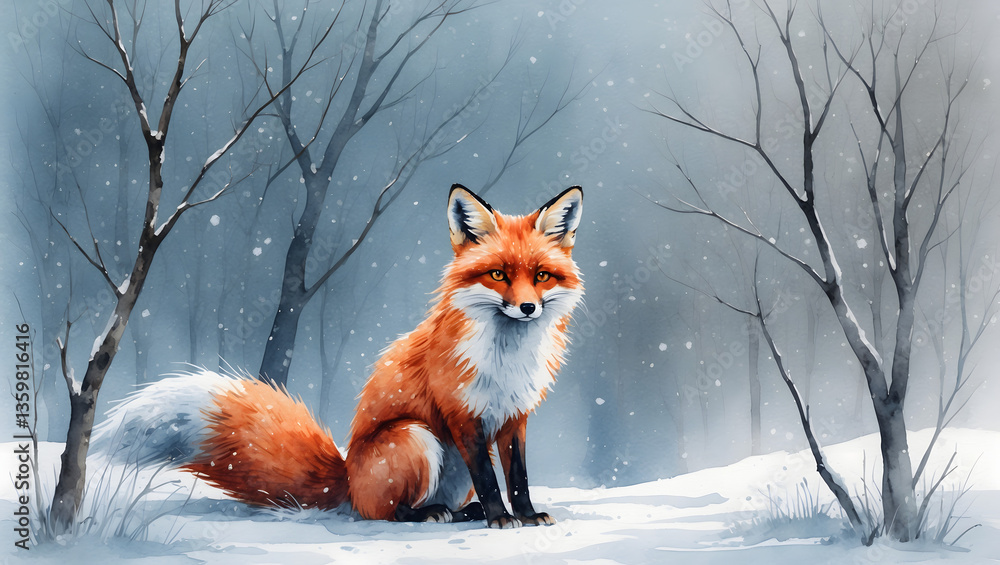 Fototapeta premium water colour painting of a red fox in snow