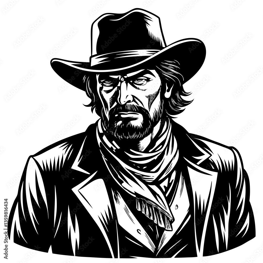 Brooding Cowboy Portrait: A classic cowboy adorned with a wide-brimmed hat and a rugged scarf embodies the essence of the Old West. Brooding Cowboy Portrait: A classic cowboy adorned with a wide-brimmed hat and a rugged scarf embodies the essence of the Old West.