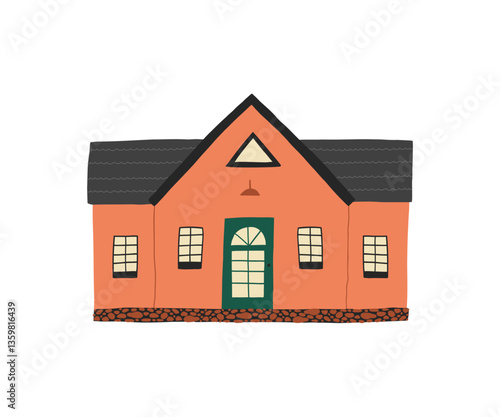 A cozy red brick house with a black roof and a front door, perfect for farm or countryside illustrations.
