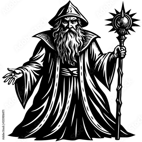 Mystical Wizard in Fantasy Illustration: A powerful, aged wizard with a long beard and imposing staff, emanating an air of wisdom and magical prowess in this captivating illustration.