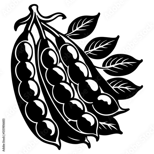 Fresh Pea Pods in a Simplified Design:  A detailed, stylized illustration of freshly opened pea pods, showcasing the succulent peas nestled inside.