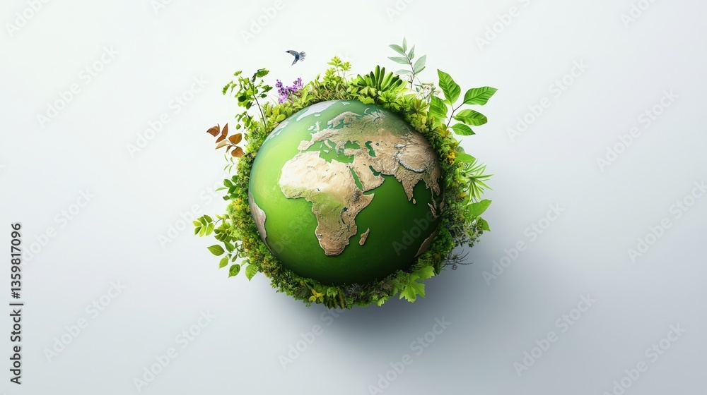 A green, stylized globe surrounded by vibrant plants symbolizes environmental consciousness and the importance of nature. A green, stylized globe surrounded by vibrant plants symbolizes environmental consciousness and the importance of nature.