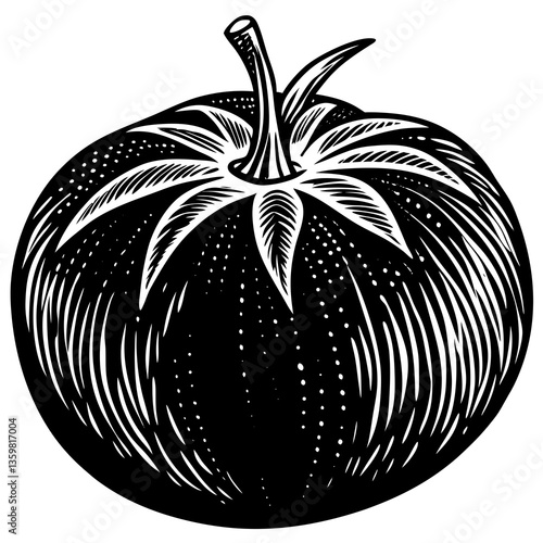 Tomato Woodcut Illustration: A classic woodcut illustration of a ripe tomato, showcasing intricate line work and tonal variations, bringing rustic charm and timeless appeal.