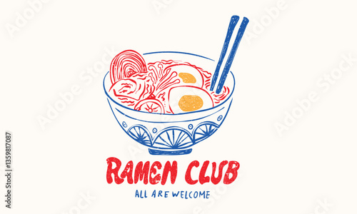 Ramen love club  artwork for t shirt print, poster, sticker and other uses. Noodles t shirt design. Ramen artwork.