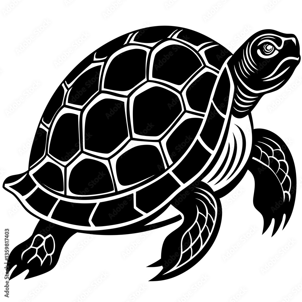 Obraz premium Sea Turtle Silhouette: A bold monochrome graphic of a sea turtle, its intricate shell patterns highlighted in striking detail, embodies the grace and resilience of marine life. 