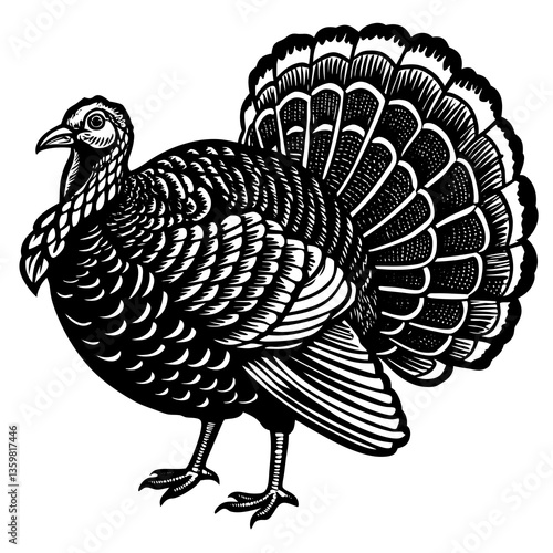 Turkey Illustration: Intricate hand-drawn illustration of a turkey with detailed feathers, capturing the essence of rustic charm and farmyard character.