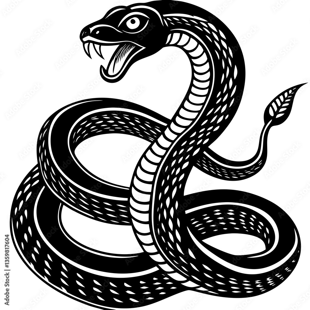Fototapeta premium Serpent's coiled posture: A powerful illustration of a serpent, meticulously rendered in stark black and white, embodying the animal's strength and striking presence.