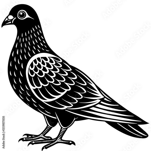 Elegant Pigeon in Profile: This monochrome image presents a refined pigeon, showcasing intricate details and grace. the pigeon stands in proud, confident pose.