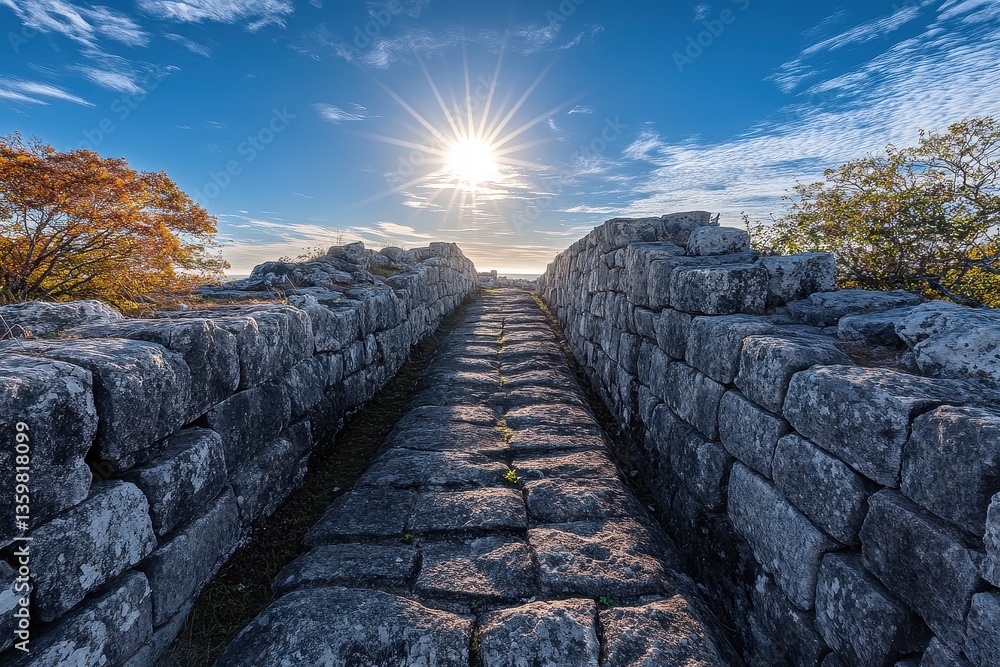Fototapeta premium Ancient Stone Pathway Under Bright Sunlight and Blue Sky