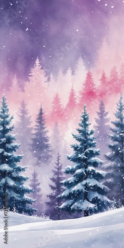 A painting of a snowy forest with trees and a sky in the background