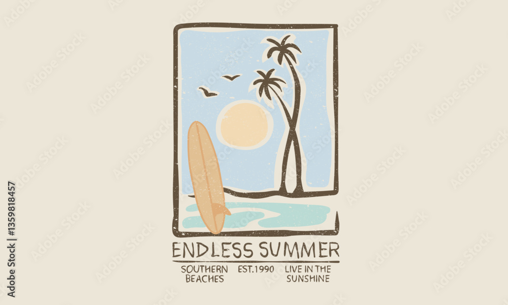 Fototapeta premium Endless summer. Summer vibes artwork. Sunshine paradise graphic print design. Surf club design. Beach modern abstract art. Ocean abstract wave.