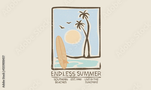 Endless summer. Summer vibes artwork. Sunshine paradise graphic print design. Surf club design. Beach modern abstract art. Ocean abstract wave.
