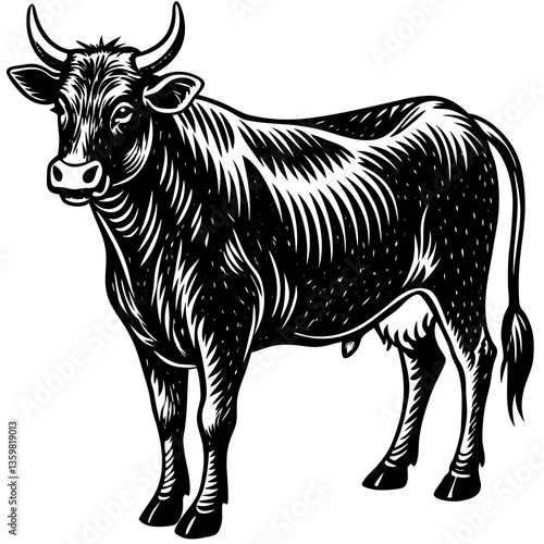 Elegant Bovine Engraving: A striking monochrome engraving of a majestic cow, showcasing the animal's robust form and gentle features, embodying rural charm and pastoral serenity.
