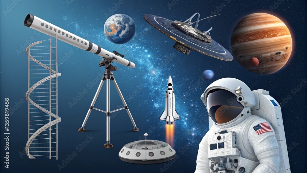 Naklejka premium A stunning set of 20 high-quality 3D science and space exploration icons with detailed textures and cinematic lighting. Icons include a telescope, astronaut helmet, satellite, Mars rover, space statio