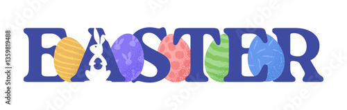 Easter text lettering for Paschal greeting card with textured eggs and rabbit. Happy easter Vector springtime holiday vector stock illustration