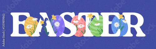 Happy Easter text lettering for Paschal greeting card with textured eggs and rabbit. Vector springtime holiday vector stock illustration