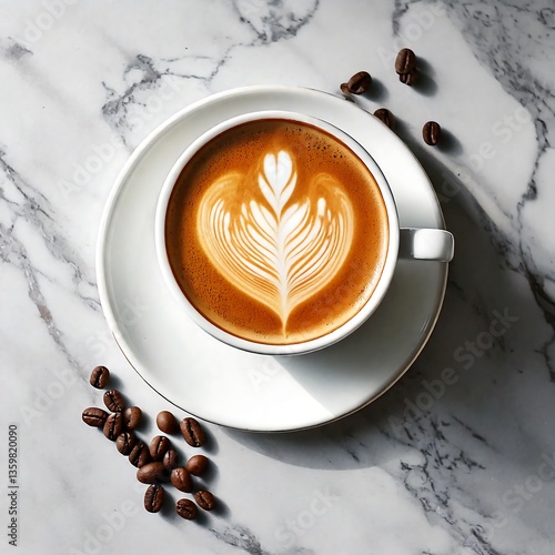 Elegant Overhead Shot of White Ceramic Coffee Cup with Latte Art on Marble Table – Stylish Coffee Photography