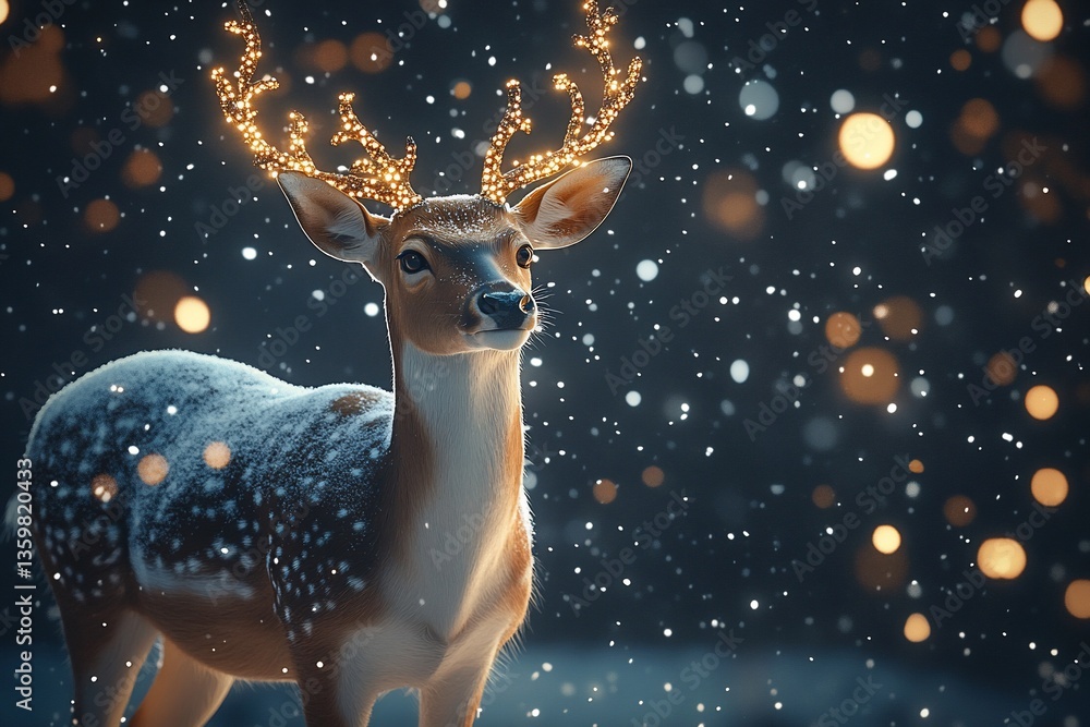 Deer with glowing antlers in snowy night scene. Possible use Christmas card, holiday print, animal wallpaper Deer with glowing antlers in snowy night scene. Possible use Christmas card, holiday print, animal wallpaper