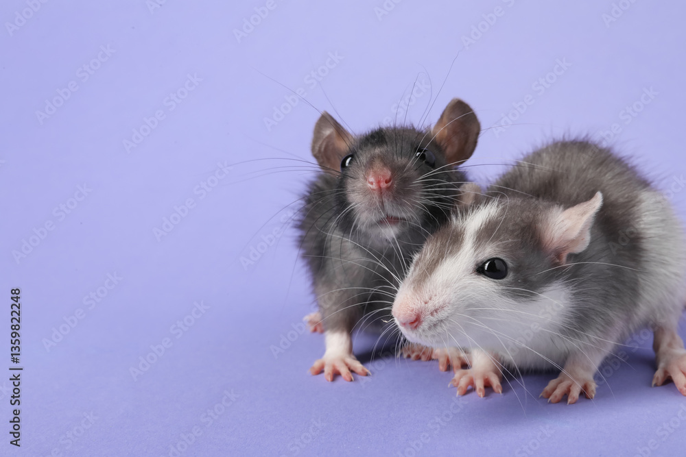Cute rats on violet background, closeup. Space for text Cute rats on violet background, closeup. Space for text