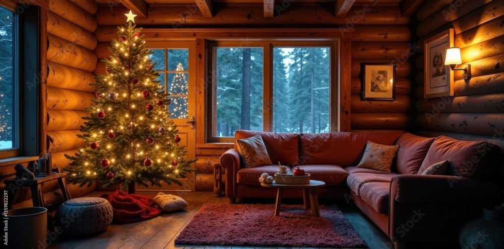 Cozy cabin scene with a Christmas tree and warm glow, outdoors, cabin Cozy cabin scene with a Christmas tree and warm glow, outdoors, cabin