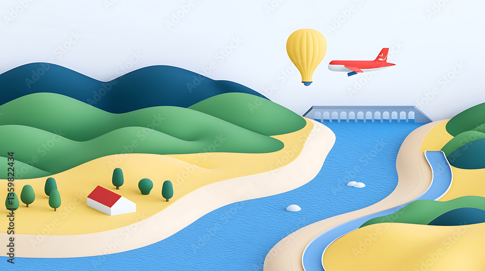 vibrant landscape featuring rolling hills, serene river, and small house, complemented by hot air balloon and airplane soaring vibrant landscape featuring rolling hills, serene river, and small house, complemented by hot air balloon and airplane soaring