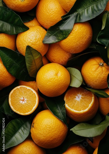 A pile of oranges with leaves, a stock photo