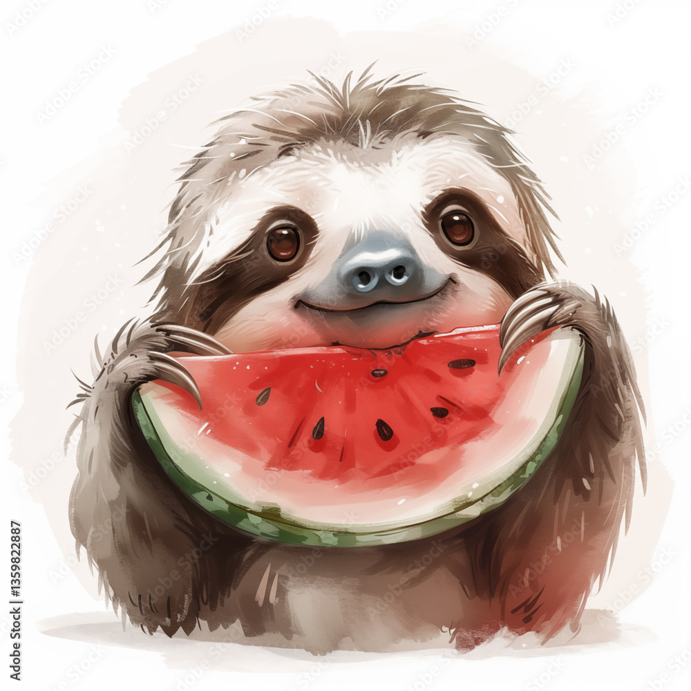 Fototapeta premium Funny image of cute sloth holding cup slice of juicy watermelon. Ai generated image