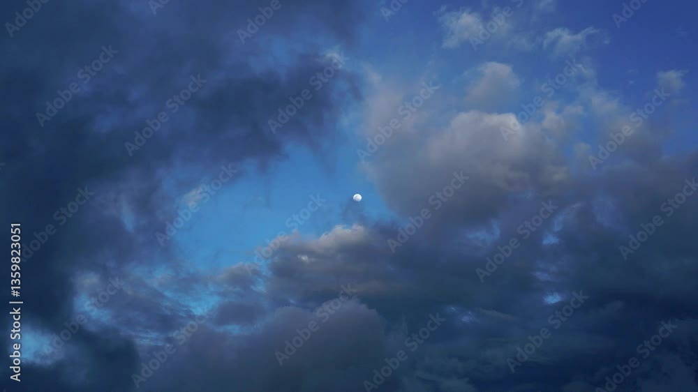 A panorama of the sky at dusk before a storm with a full moon shining through thick clouds moving gently in the wind. The dark blue and gray clouds create a dramatic and mysterious atmosphere. A panorama of the sky at dusk before a storm with a full moon shining through thick clouds moving gently in the wind. The dark blue and gray clouds create a dramatic and mysterious atmosphere.