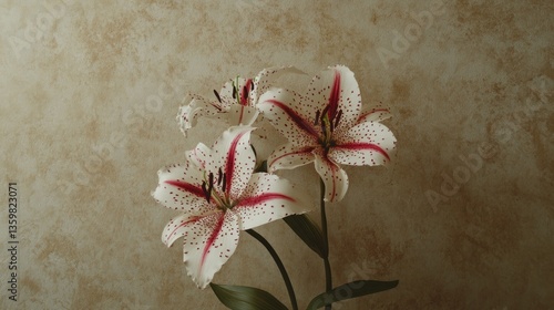 A close-up of elegant white lilies with red accents against a textured background.