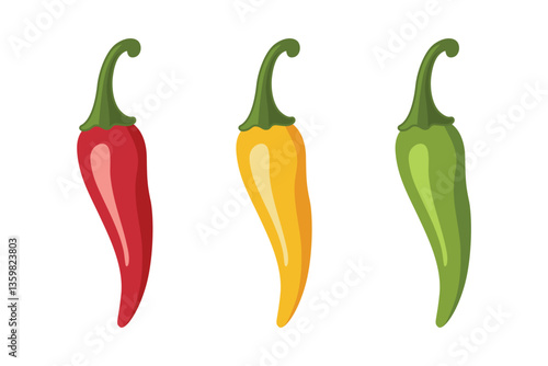 Chili Peppers Vector Set, Isolated. Red, Yellow, Green Hot Peppers, Spicy Food Ingredients, Mexican Cuisine, Fresh Organic Vegetables. Vector Illustration for Food Design