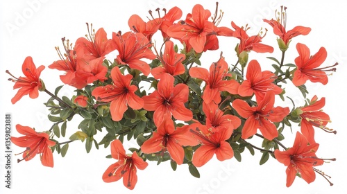 Bright orange azaleas bloom amid green foliage, against a pure white backdrop, creating a striking floral arrangement