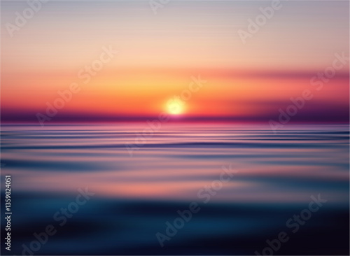 Vivid Sunset Over Ocean Waters With Gentle Ripples, Vibrant Horizon Colors, Vector Illustration Background.