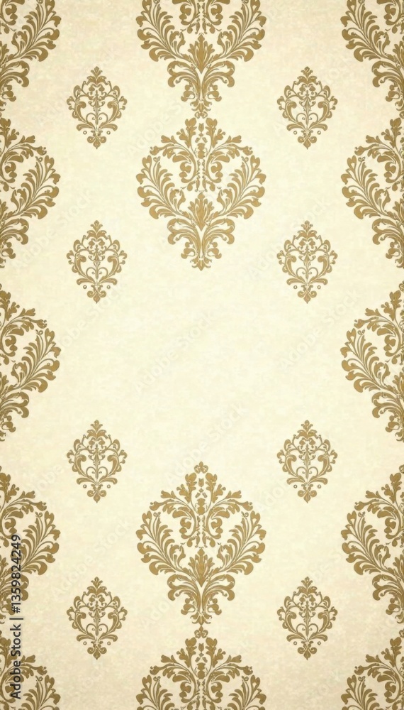 Damask pattern with gold filigree and floral motifs on a cream background, antique design, gold accents Damask pattern with gold filigree and floral motifs on a cream background, antique design, gold accents