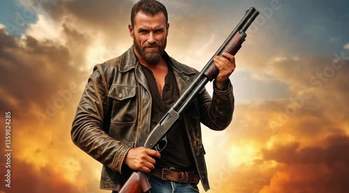 Fearless Man Stands Boldly, Shotgun Ready for Action