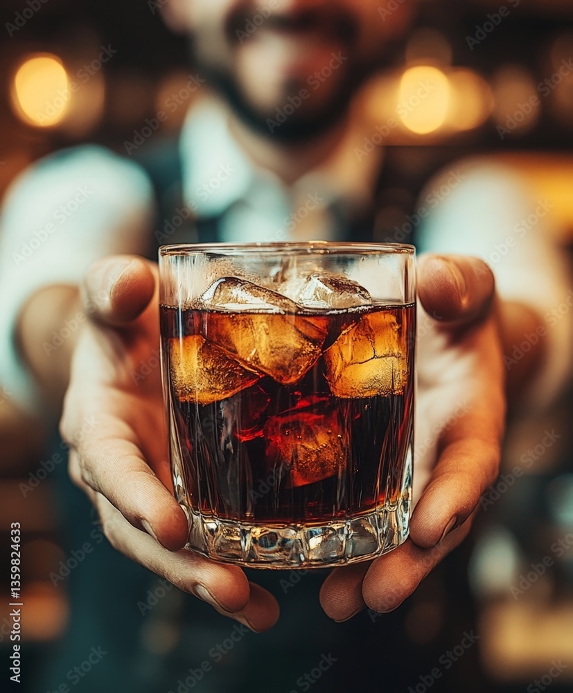 A man is holding a glass of ice cold soda. The glass is half full and the man is smiling A man is holding a glass of ice cold soda. The glass is half full and the man is smiling