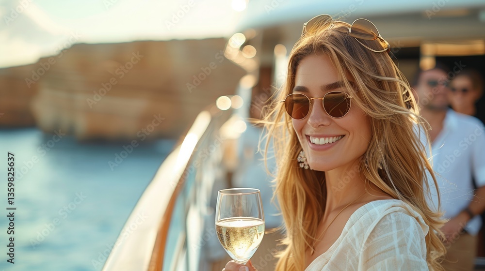 Contented young lady holding a champagne glass and looking through it while smiling at the camera Contented young lady holding a champagne glass and looking through it while smiling at the camera