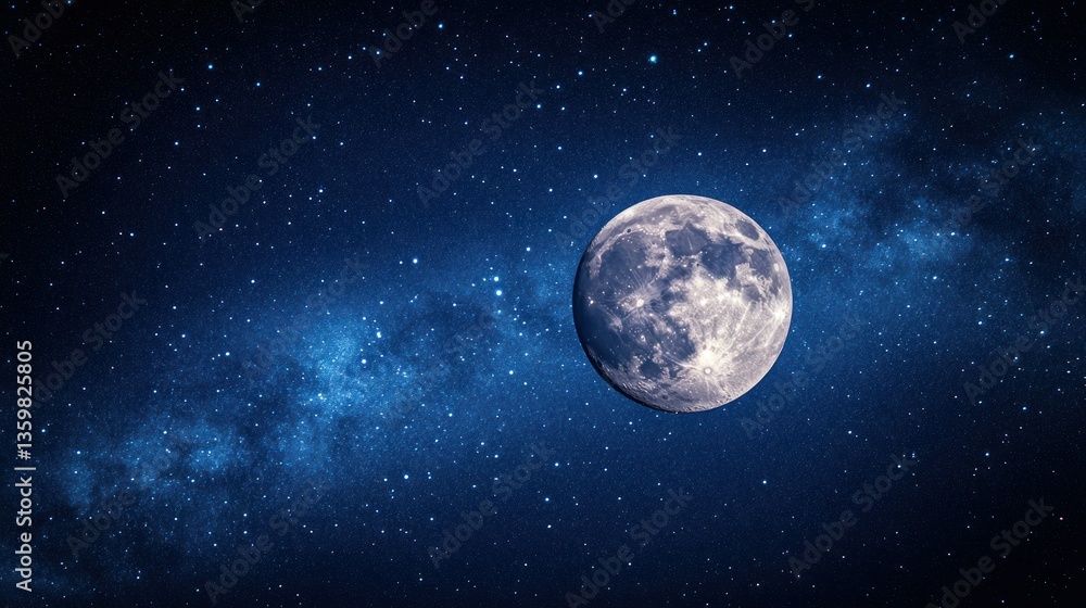 Obraz premium Detailed full moon against dark starry sky with milky way galaxy visible