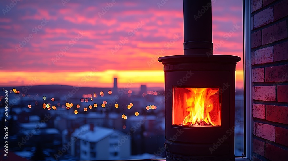 Cozy winter sunset view from a home fireplace Cozy winter sunset view from a home fireplace